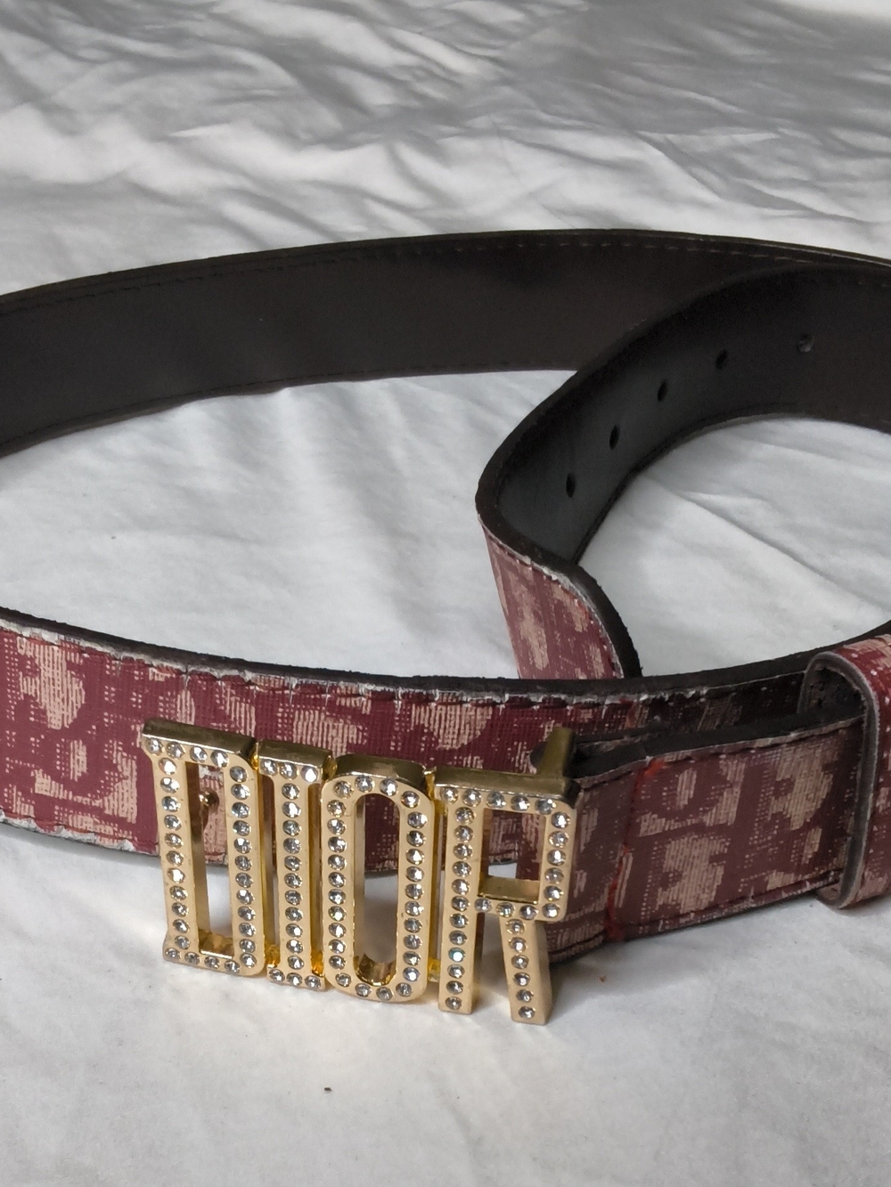 Dior Burgundy Canvas Belt with Gold Crystal DIOR Buckle